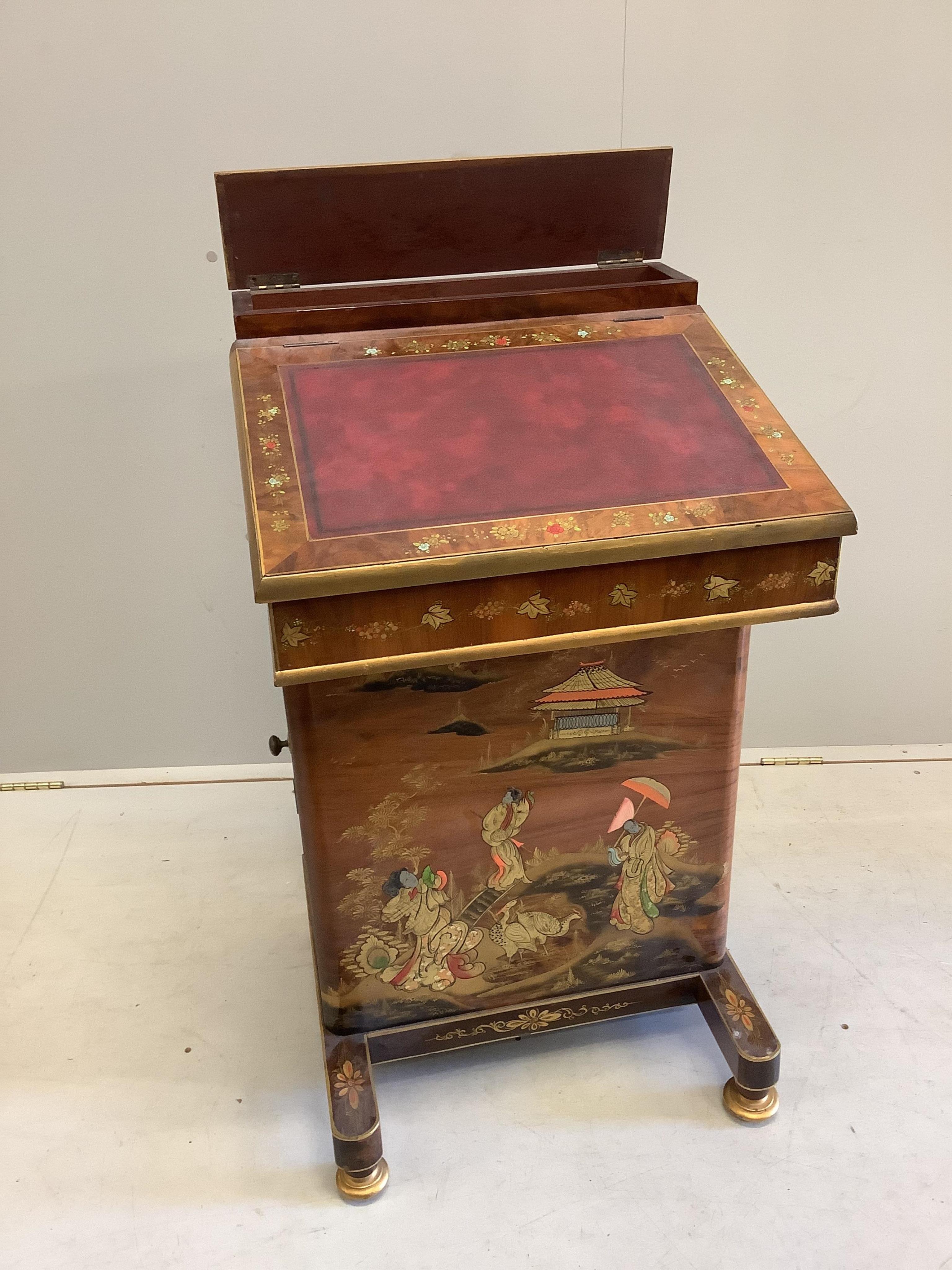 A reproduction chinoiserie lacquered Davenport, width 54cm, depth 52cm, height 98cm